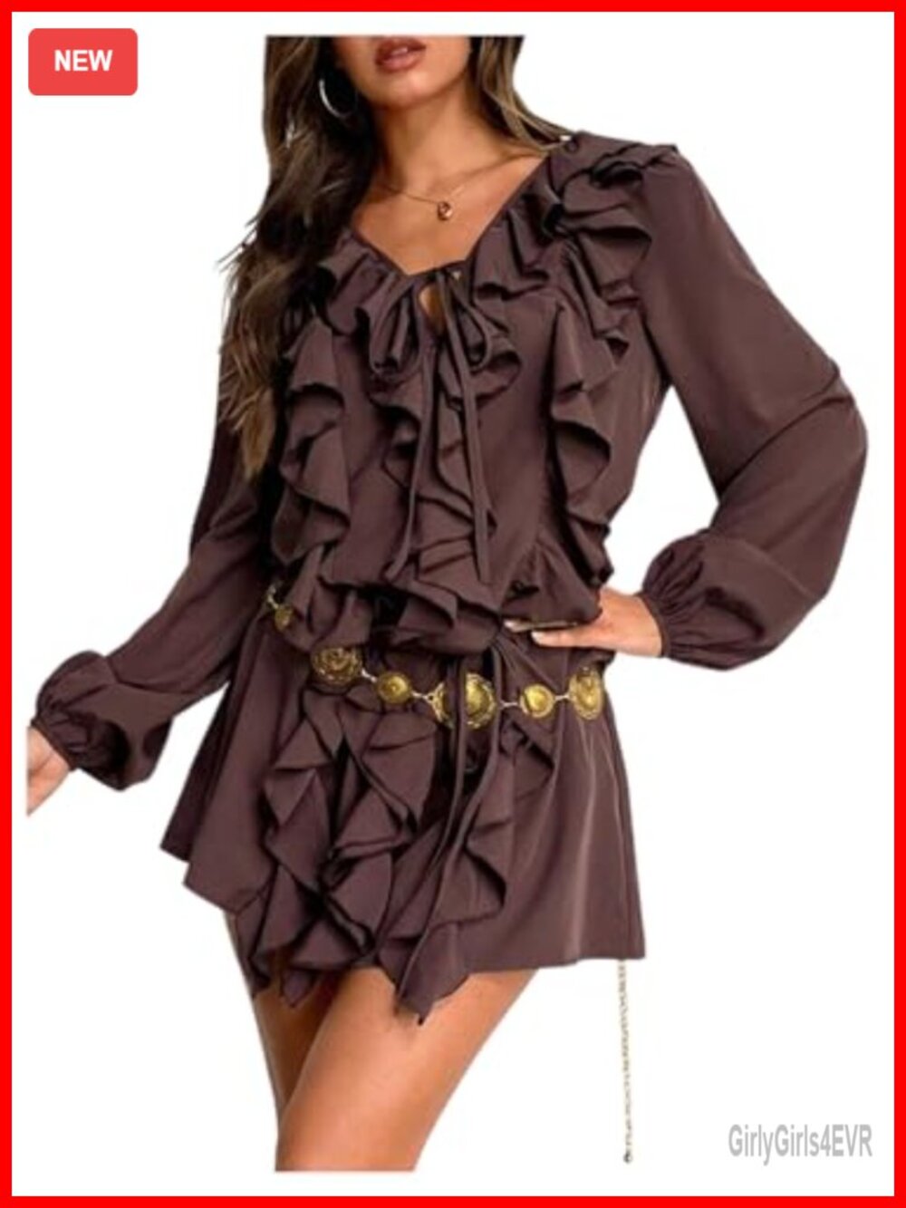 Chiffon Ruffle Mini Dress Long Sleeve A-Line